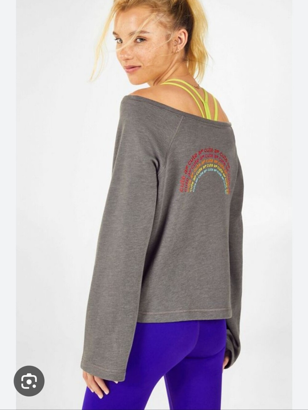 Fabletics Isabel Wide Sleeve Gray Terry Pullover Sweatshirt Rainbow Graphic Sz L - Picture 7 of 7